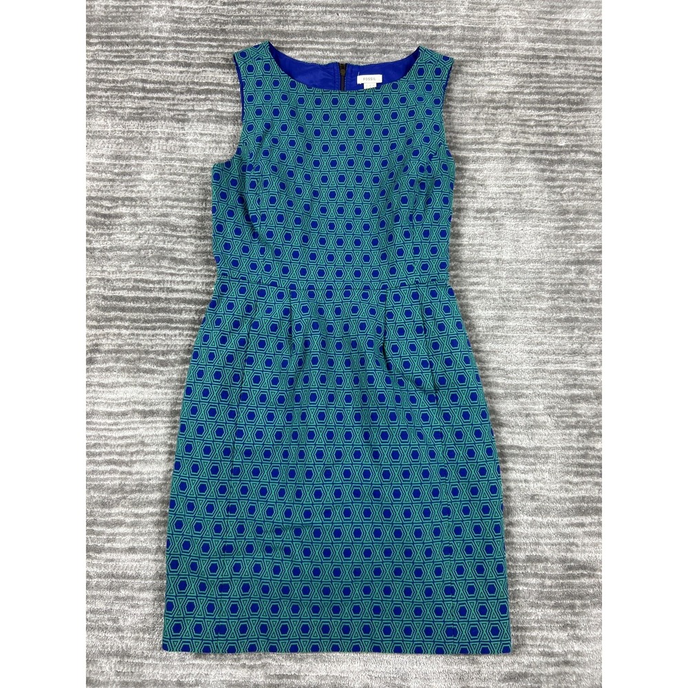 Fossil Dress Womens 0 Blue Green Geometric Hexagon Sleeveless Sheath Cotton Mod